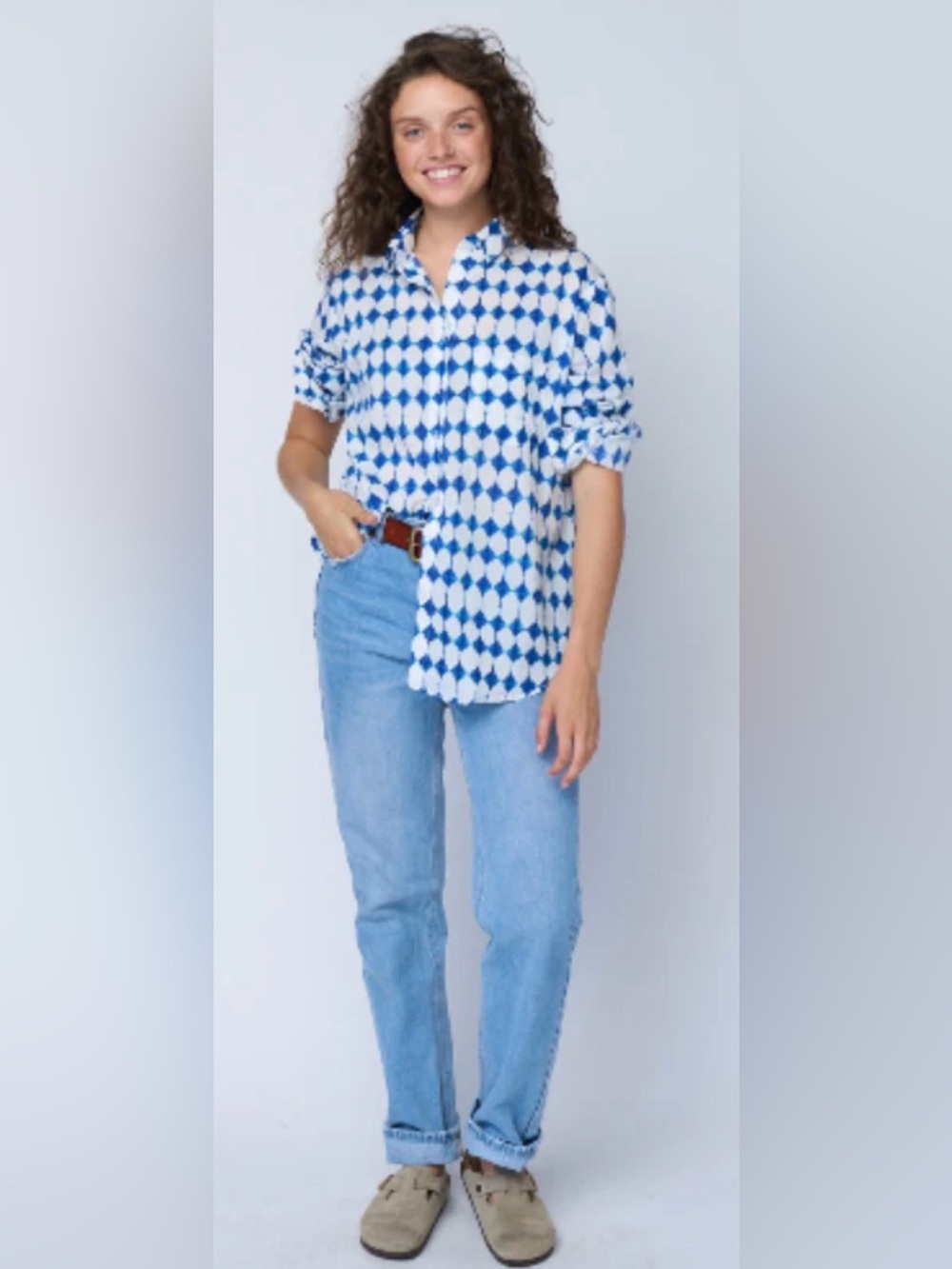 Blue and White Button-Down Boyfriend Shirt - Women